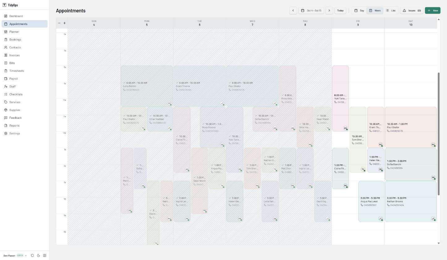 Jobs from Monday to Saturday, each showing the customer, time and assigned staff member.